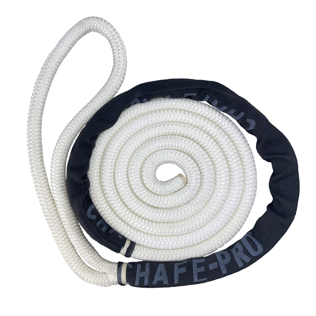 7/8" x 16 FT Nylon Double Braid Solid White, 24" Eye One End, Heat Seal Other End, 4 FT Chafe Sleeve Seized in Place by Eye